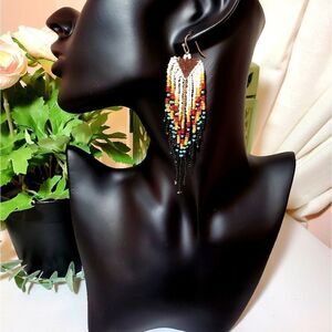 𝅺FALLING Sky White Multi Seed Bead Fringe Earrings